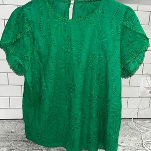 Shein Green Eyelet Embroidered Blouse | Size L | Puff Sleeve Boho Top